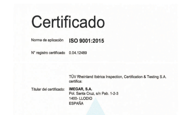 Imegar certificado ISO 9001 desde 2001